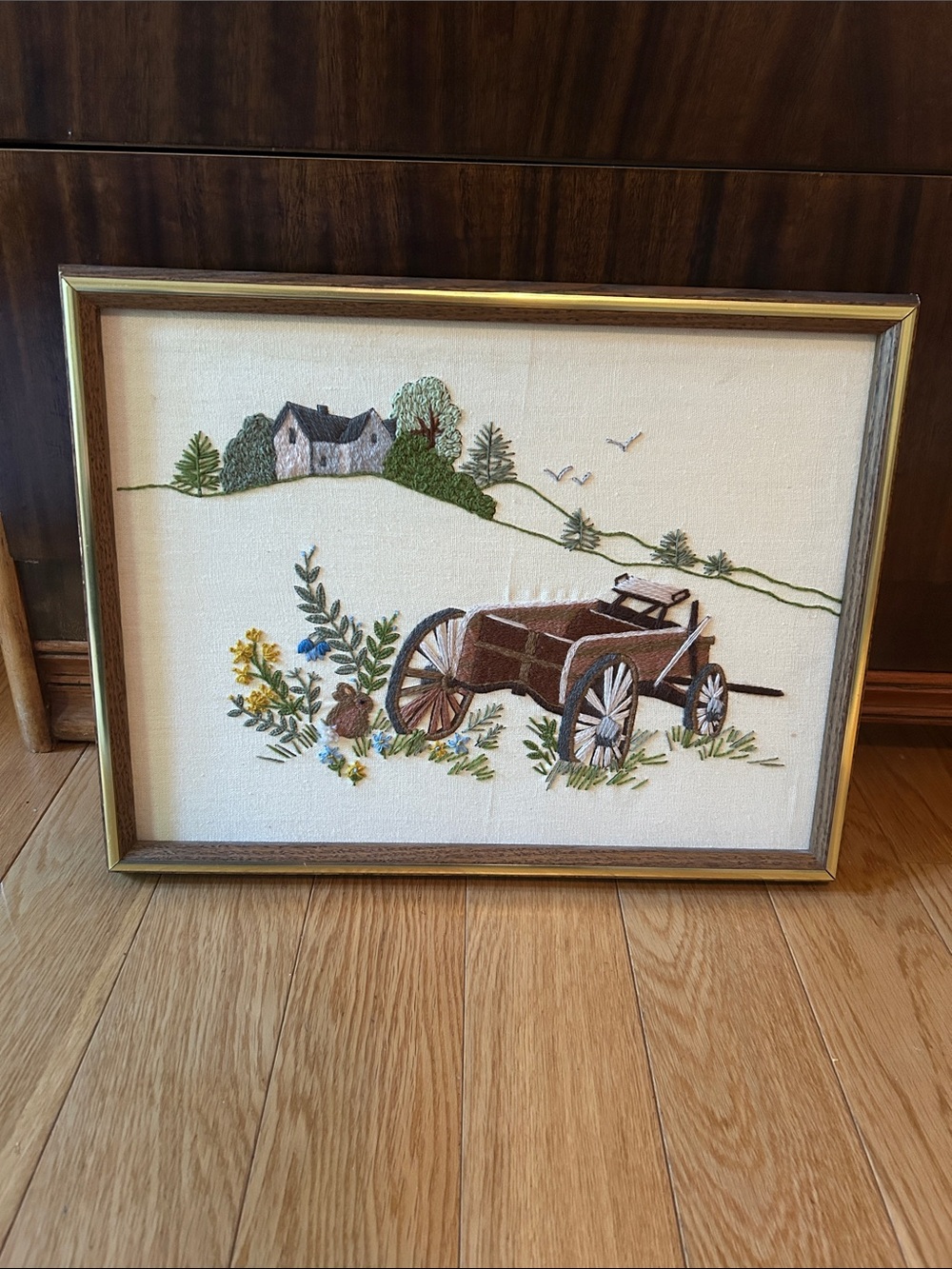 Vintage Embroidered Farm Scene Wall Art - Brown & Green